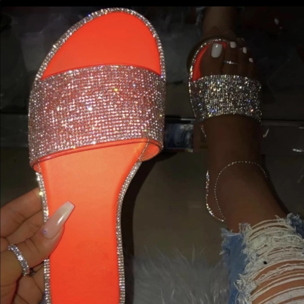 Neon orange rhinestone slides